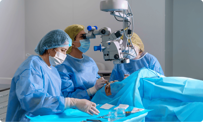a surgeon doing PRK surgery with other healthcare professionals
