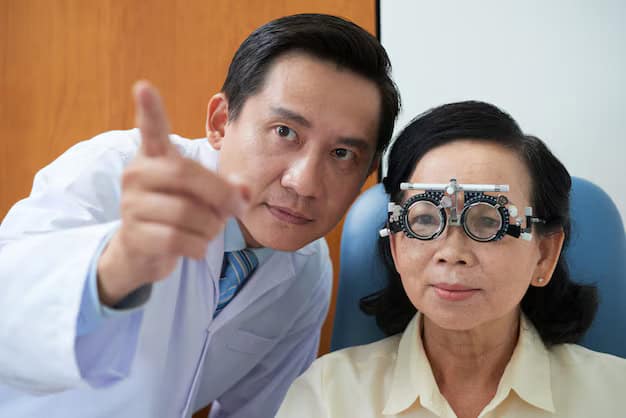Senior asian lady testing for glaucoma