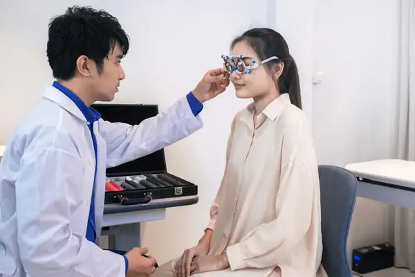 Ophthalmologist checking in on patient 