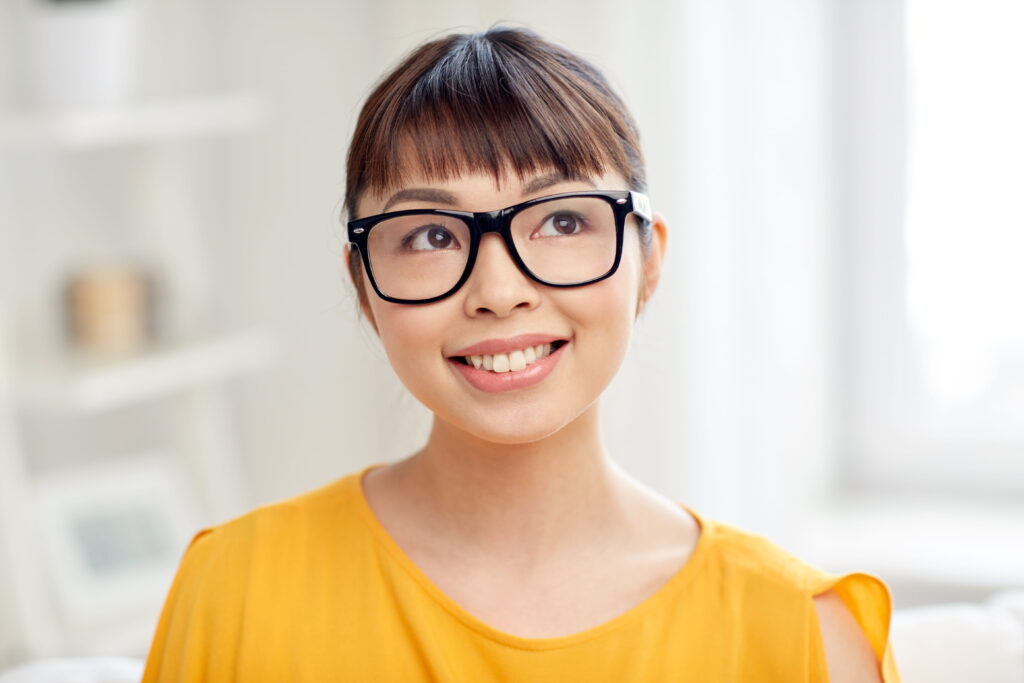 a woman wearing glasses
