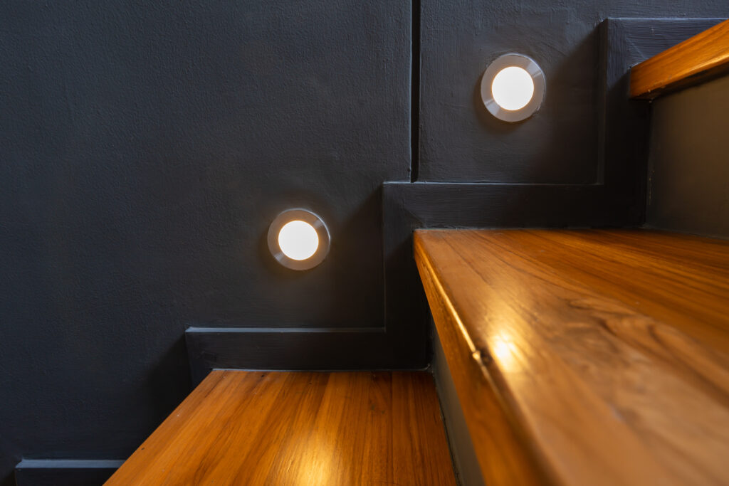 stairway lights bulb as safety protection for wooden stairs